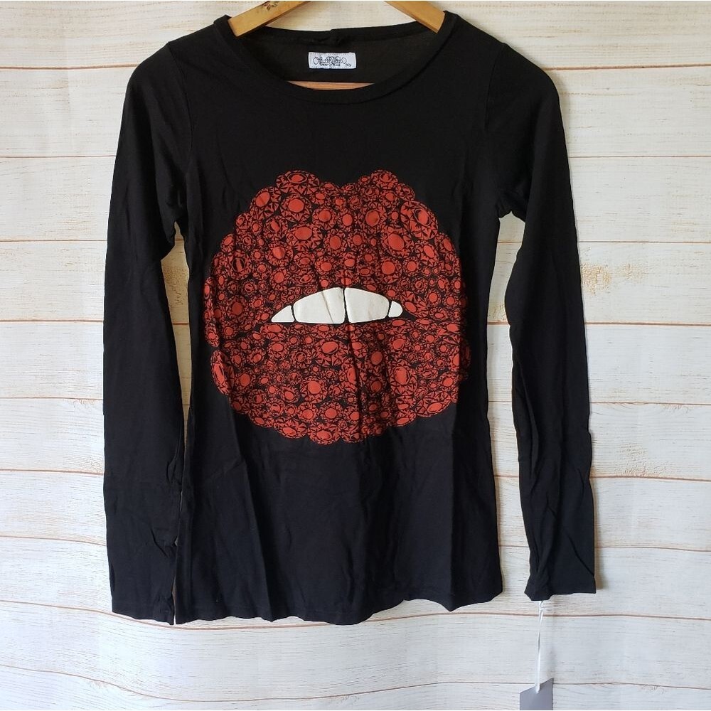 Lauren Moshi Cotton Blend Lips Graphic Long Sleeve Tee Shirt Black Red Size XS